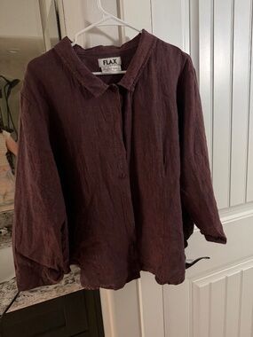 FLAX 100% Linen Button Front Top Size 1G Generous Burgundy Made in Lithuania